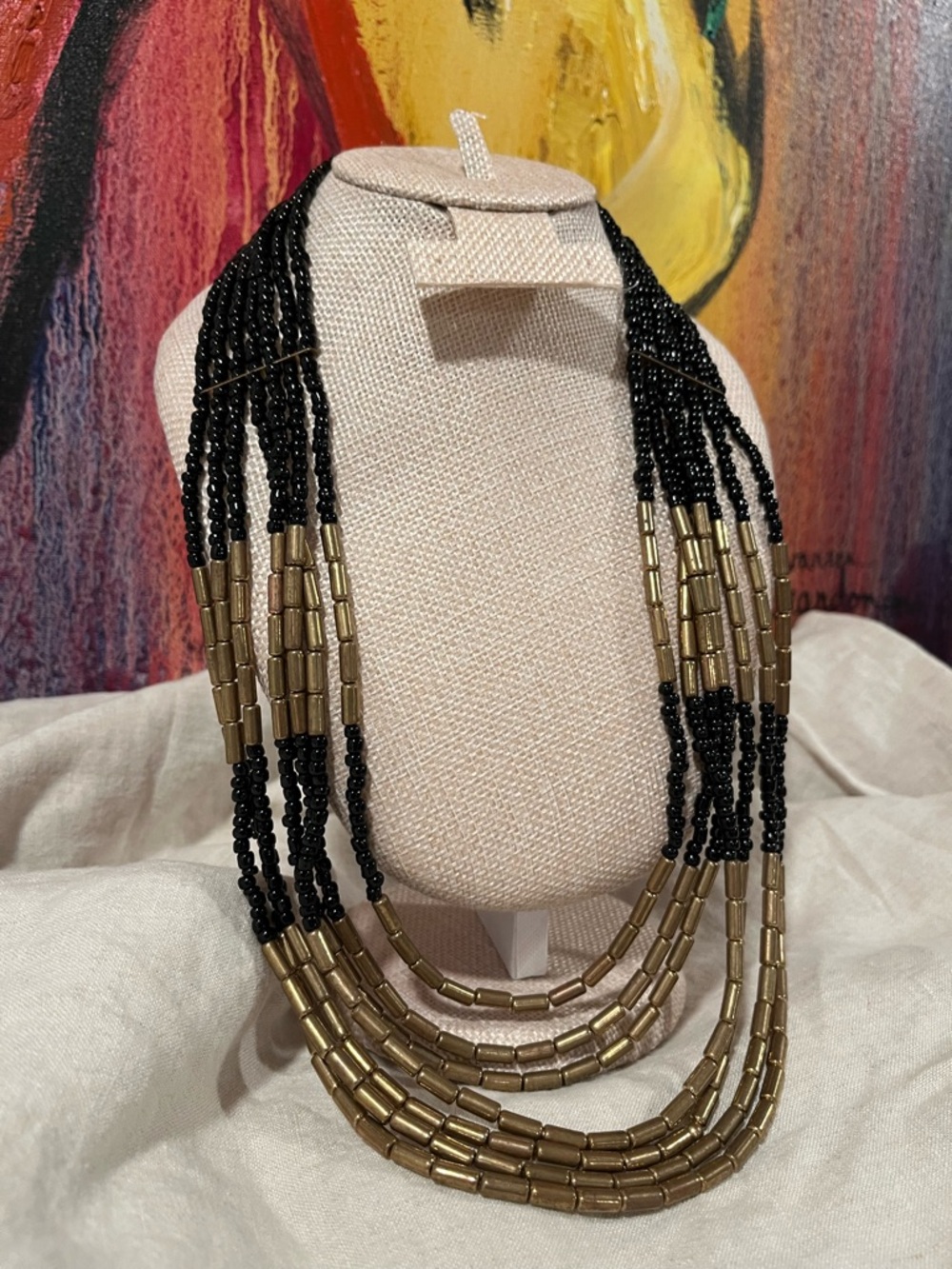 Vtg Black and Gold Multi-Strand Beaded Necklace